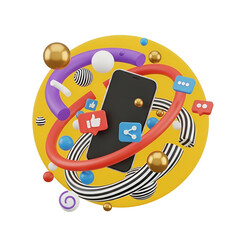 3d render of a smartphone surrounded by social media icons and abstract shapes, representing digital communication and online engagement