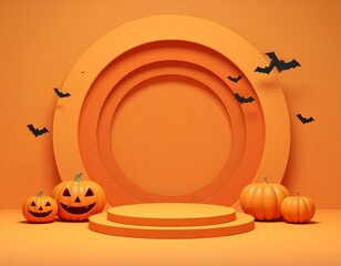 Halloween scene with pumpkins, bats, and an orange circular stage.