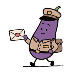 Cute cartoon eggplant character dressed as a mailman holding a letter.