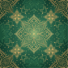 Seamless pattern dark green background and ornamental golden flower line drawing seamless textile design vector