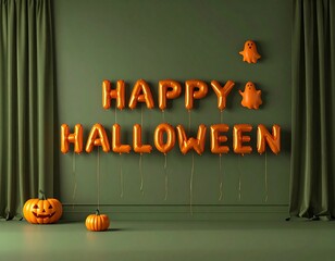 Halloween decorations: balloons spelling 'Happy Halloween', pumpkins, and ghost figures against a green wall.