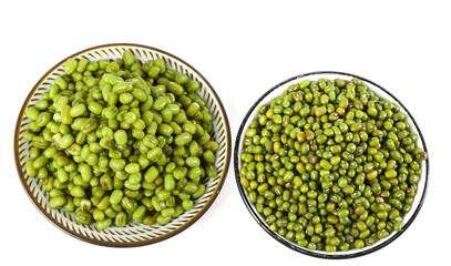 Organic Green Mung Beans and Split Bean Granules in Bowls - Healthy Vegetarian Protein Food