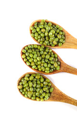 Organic Green Mung Beans in Wooden Spoons - Healthy Legumes and Natural Protein Source