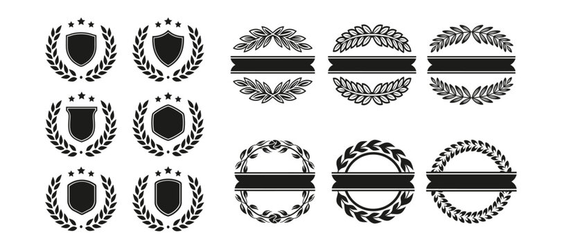 Shield-and-laurel-wreath-element-suitable-for-award-badge. Laurel wreath frame with blank ribbon banner elegant vintage outline for awards, honors, achievement, and decoration.