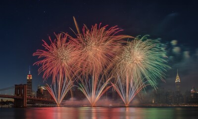 Fireworks over NYC skyline at night