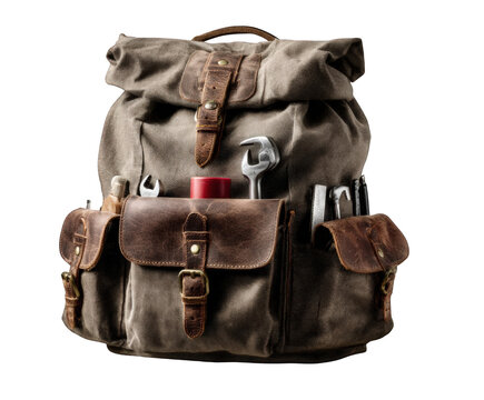 Old canvas backpack with tools isolated on transparent background