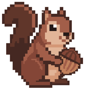 Cute pixel art illustration of a brown squirrel holding an acorn, capturing a nostalgic 8-bit or 16-bit video game aesthetic.