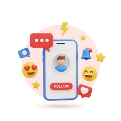3d illustration of a smartphone with social media icons like follow button, chat bubble, heart, and notification bell, representing online engagement and communication