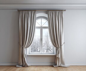 Elegant light gray curtains frame a winter scene from an arched window in a classic room.