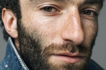 Obraz premium Close-Up of a Young Man with Curly Hair, Beard, and Intense Expression in Studio Light