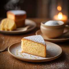 A comforting slice of warm, homemade sponge cake generously dusted with powdered sugar on a rustic wooden plate in a cozy, candlelit setting
