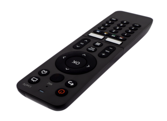 Close up, black remote control for TV (television), isolated on transparent background.