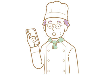 スマホの画面を見るベテランのコックさんのイラスト