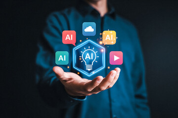Person holding a glowing hexagonal ai icon with app symbols