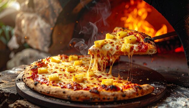 Close-up of a delicious Hawaiian pizza with melting cheese, fresh from the oven, pizza slice being lifted