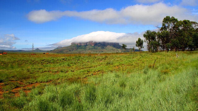 Photo of Platberg covered in clouds in the vicinity of Harrismith, an Eastern Free State town situated on the N3 main route between Gauteng and KwaZulu-Natal. The N5 national road to and from WinburgI