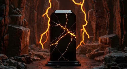Ancient Obelisk Cracked By Lava Flows Within Volcanic Caves Glowing Intensely Dramatic Scene Of Fiery Inferno And Dark Stone