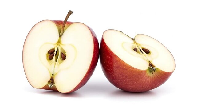Two red apple halves are displayed against a white background One stands upright showing its stem core and seeds The other lies tilted revealing its internal structure