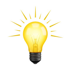 Bright yellow incandescent light bulb with radiating light beams, isolated on white background