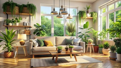 Bright living room with abundant plants and natural light