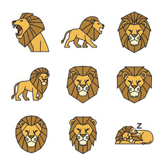 Collection of nine lion illustrations in a minimalist, geometric style, depicting various poses and expressions, including roaring, walking, and sleeping.
