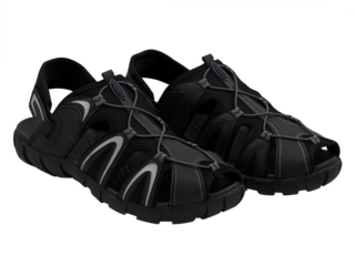 Shoes, black hiking sandals for travel and adventure, suitable for all outdoor weather conditions and comfortable to footwear, isolated on transparent background.