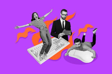 Obraz na płótnie Canvas 3d banner art pop trend collage of happy business partners stand keypad mouse tool freelancer girl men it-specialist occupation