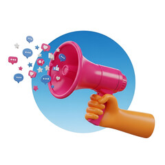 3d rendered hand holding a pink megaphone, broadcasting social media icons like hearts, likes, and chat bubbles