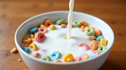 Colorful cereal rings being poured with fresh milk in a white bowl for a healthy breakfast. - Powered by Adobe