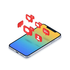 Smartphone displaying social media notifications with likes, comments, and follower icons popping out, isolated on white background