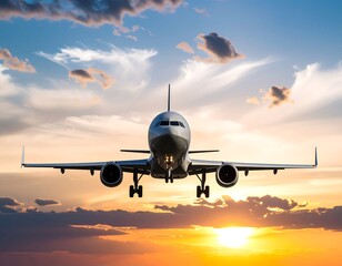 Airplane landing at sunset