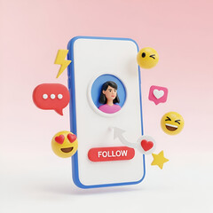 Smartphone displaying a profile with a follow button and social media icons and emojis, isolated on white background