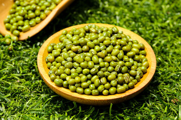 Fresh Green Mung Beans in Wooden Bowl - Organic Healthy Legumes for Cooking