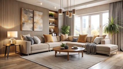 Fototapeta premium Modern living room with sectional sofa and coffee table