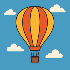 Colorful hot air balloon floating in a blue sky with fluffy clouds copy space