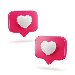 Two pink social media like notification icons with white hearts isolated on white background