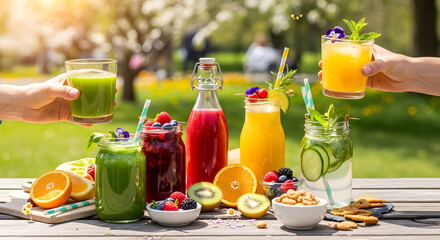 Group of people enjoying various colorful fruit juices and smoothies outdoors on a sunny day.