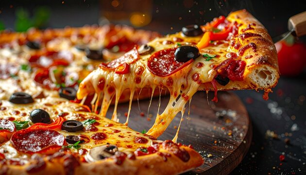 Delicious slice of supreme pizza with melted cheese stretching from the pie, topped with olives, peppers, mushrooms, and pepperoni