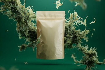 Beige packaging bag amidst green seaweed on green background
