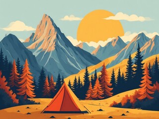 Camping autumn mountain landscape vector illustration