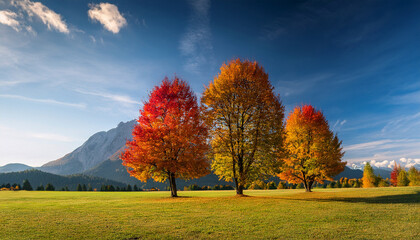 Fototapeta premium Three Trees With Colorful Leaves In The Foreground On A Grassy Field With A Mountain Background