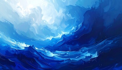 Fototapeta premium A dynamic abstract landscape, painted in shades of deep and light blue, with textured layers evoking a sense of depth and movement.