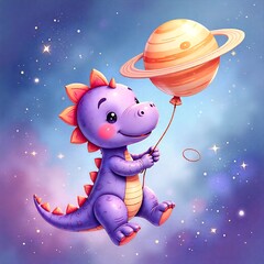 A cheerful purple dinosaur joyfully floats in a vibrant galaxy holding a balloon shaped like a planet. The colorful background features sparkling stars and nebula-like clouds.
