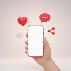 Hand holding a smartphone with social media icons like heart, chat bubble, and share symbol floating around it, representing online communication and engagement