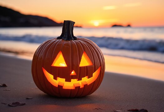 Happy Halloween. Pumpkin Jack-o'-lantern on the beach. Jack o lantern for Halloween party. Autumn season. Blue ocean on background. Autumn season