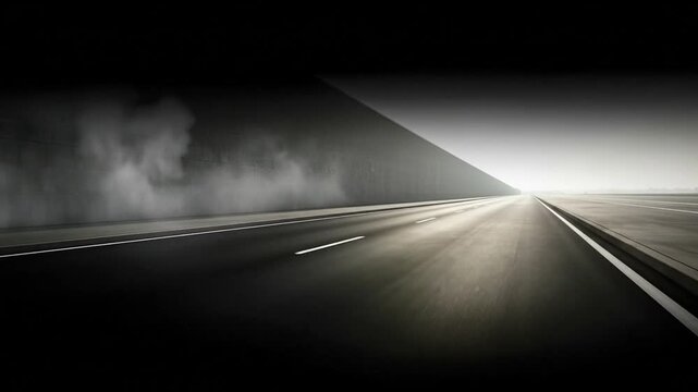 A dark atmospheric highway stretches into a bright distant light flanked by a textured concrete wall with swirling fog on the left and a darker road on the right