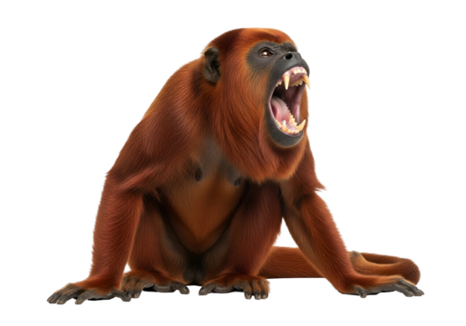 A powerful, reddish-brown monkey is prominently displayed against a pure black background, showcasing its detailed fur and open mouth in a dramatic display of vocalization.