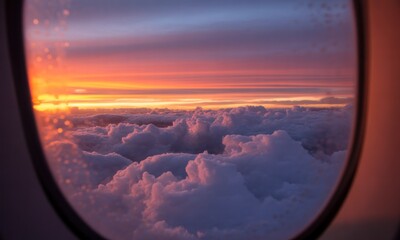 Fototapeta premium Sunrise through an airplane window, clouds below
