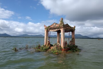 Fototapeta premium Abandoned Pavilion Above Water With Overgrown Vegetation Under Cloudy Sky