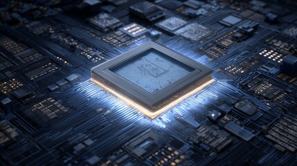 Futuristic microprocessor on circuit board with glowing connections in blue light